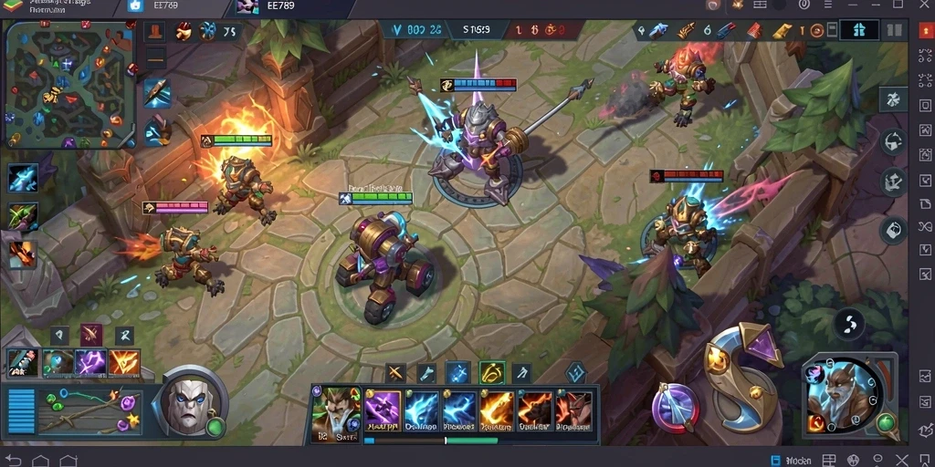 Screenshot gameplay EE789 menunjukkan aksi penuh berkah di arena MOBA.