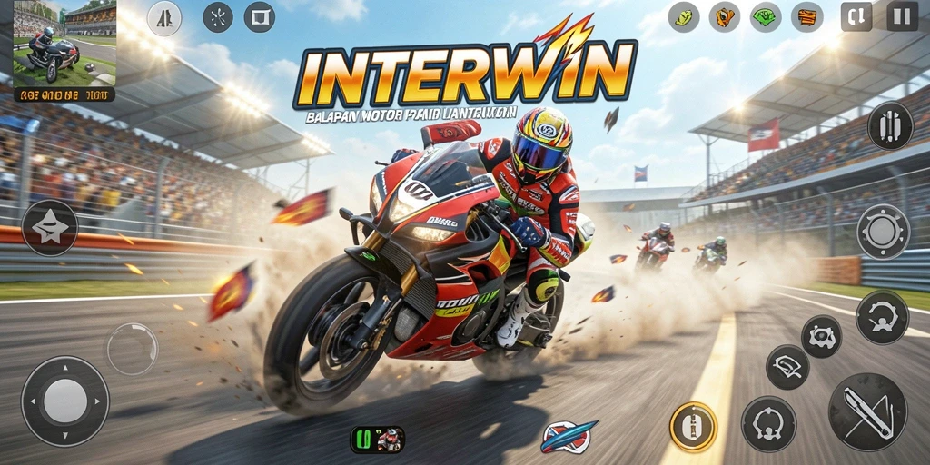 Tangkapan layar INTERWIN menampilkan aksi balapan motor yang mendebarkan.