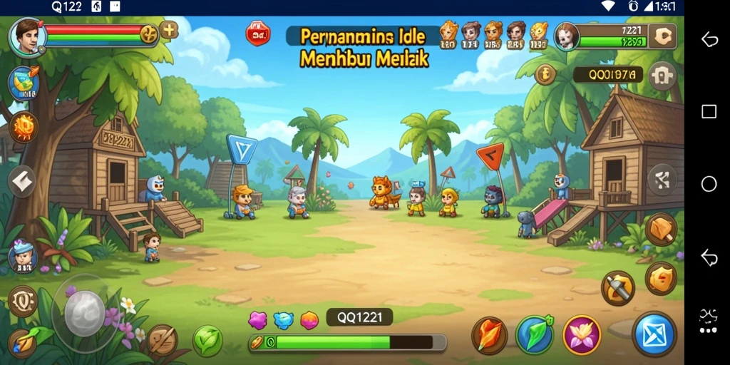 Tampilan gameplay QQ1221 menampilkan karakter yang bekerja dan mengumpulkan sumber daya.