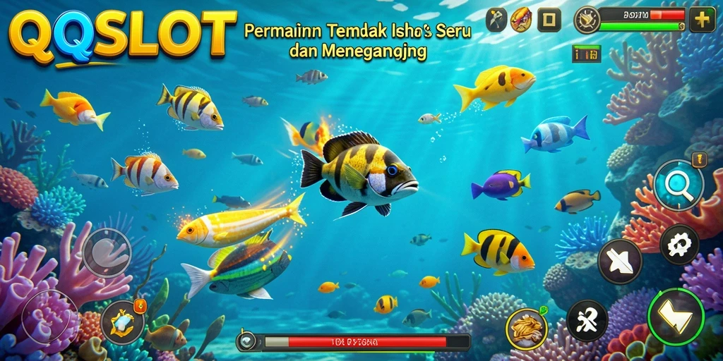 Tampilan gameplay QQSLOT dengan aksi tembak ikan yang mendebarkan.