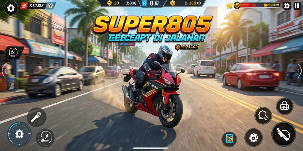 Screenshot gameplay SUPER805 menunjukkan aksi balapan motor yang mendebarkan.